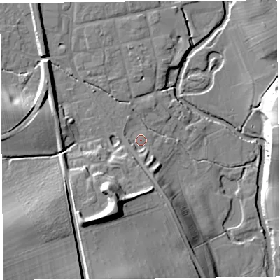 Shaded relief map of the ground around SY79RS, computed from Environment Agency LiDAR. The ground here sits at about 118 m above sea level and falls 25 m across the surrounding 800 m. Surface water reaching this point runs off ground lying to the south, 3.5 m higher.