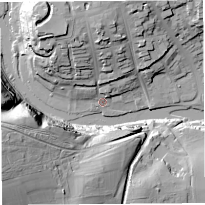 Shaded relief map of the ground around SY81BH, computed from Environment Agency LiDAR. The ground here sits at about 81 m above sea level and falls 70 m across the surrounding 800 m. Surface water reaching this point runs off ground lying to the north-north-west, 29.6 m higher.
