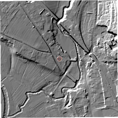 Shaded relief map of the ground around SY81DN, computed from Environment Agency LiDAR. The ground here sits at about 85 m above sea level and falls 32 m across the surrounding 800 m. Surface water reaching this point runs off ground lying to the north-west, 6.8 m higher.