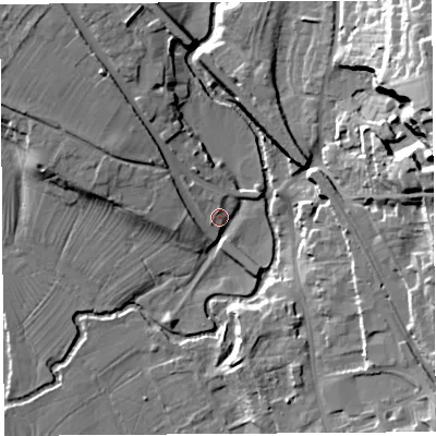Shaded relief map of the ground around SY81DP, computed from Environment Agency LiDAR. The ground here sits at about 84 m above sea level and falls 35 m across the surrounding 800 m. Surface water reaching this point runs off ground lying to the west-north-west, 5.8 m higher.