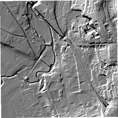 Shaded relief map of the ground around SY81DU, computed from Environment Agency LiDAR. The ground here sits at about 84 m above sea level and falls 37 m across the surrounding 800 m. Surface water reaching this point runs off ground lying to the east-north-east, 34.4 m higher.