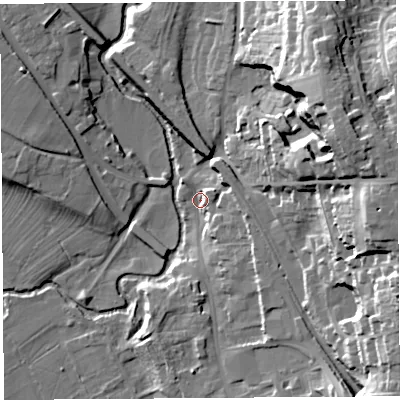 Shaded relief map of the ground around SY81DX, computed from Environment Agency LiDAR. The ground here sits at about 85 m above sea level and falls 37 m across the surrounding 800 m. Surface water reaching this point runs off ground lying to the east-south-east, 9.1 m higher.