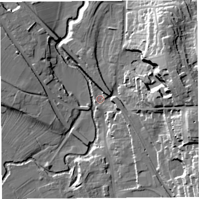 Shaded relief map of the ground around SY81DY, computed from Environment Agency LiDAR. The ground here sits at about 84 m above sea level and falls 37 m across the surrounding 800 m. Surface water reaching this point runs off ground lying to the east, 33.9 m higher.
