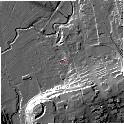 Shaded relief map of the ground around SY81EE, computed from Environment Agency LiDAR. The ground here sits at about 82 m above sea level and falls 35 m across the surrounding 800 m. Surface water reaching this point runs off ground lying to the south-south-east, 26.2 m higher.