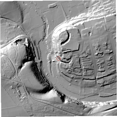Shaded relief map of the ground around SY81EH, computed from Environment Agency LiDAR. The ground here sits at about 89 m above sea level and falls 92 m across the surrounding 800 m. Surface water reaching this point runs off ground lying to the north-east, 23.5 m higher.