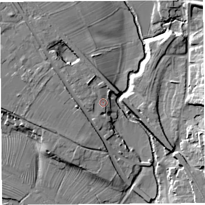 Shaded relief map of the ground around SY81EN, computed from Environment Agency LiDAR. The ground here sits at about 88 m above sea level and falls 21 m across the surrounding 800 m. Surface water reaching this point runs off ground lying to the north-west, 6.5 m higher.
