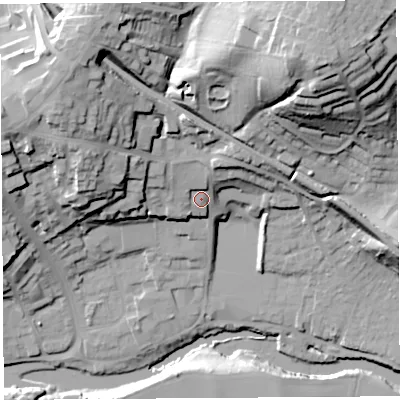 Shaded relief map of the ground around SY81JH, computed from Environment Agency LiDAR. The ground here sits at about 87 m above sea level and falls 50 m across the surrounding 800 m. Surface water reaching this point runs off ground lying to the north-west, 23.4 m higher.
