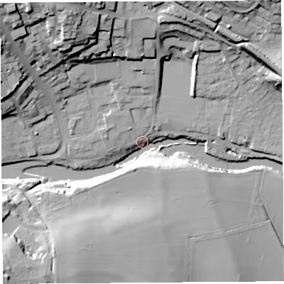 Shaded relief map of the ground around SY81JN, computed from Environment Agency LiDAR. The ground here sits at about 77 m above sea level and falls 33 m across the surrounding 800 m. Surface water reaching this point runs off ground lying to the north-west, 32.1 m higher.