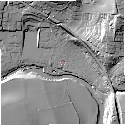 Shaded relief map of the ground around SY81JR, computed from Environment Agency LiDAR. The ground here sits at about 78 m above sea level and falls 54 m across the surrounding 800 m. Surface water reaching this point runs off ground lying to the north, 1.8 m higher.