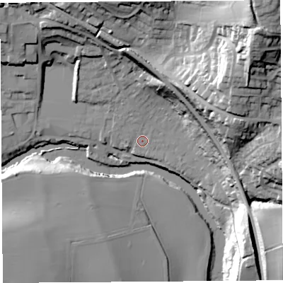 Shaded relief map of the ground around SY81JS, computed from Environment Agency LiDAR. The ground here sits at about 78 m above sea level and falls 54 m across the surrounding 800 m. Surface water reaching this point runs off ground lying to the north-north-west, 1.9 m higher.