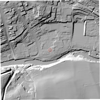 Shaded relief map of the ground around SY81NE, computed from Environment Agency LiDAR. The ground here sits at about 79 m above sea level and falls 36 m across the surrounding 800 m. Surface water reaching this point runs off ground lying to the north-west, 30.0 m higher.