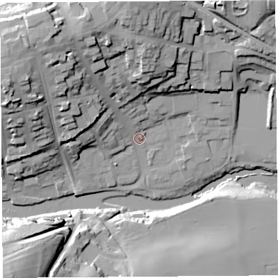 Shaded relief map of the ground around SY81NU, computed from Environment Agency LiDAR. The ground here sits at about 81 m above sea level and falls 39 m across the surrounding 800 m. Surface water reaching this point runs off ground lying to the north-west, 29.1 m higher.