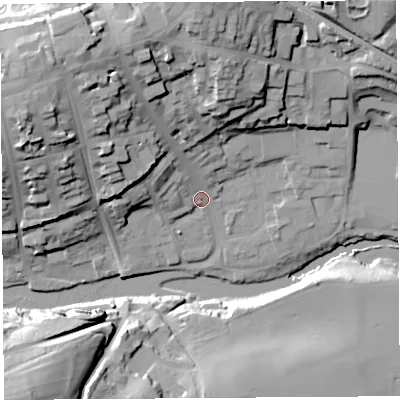 Shaded relief map of the ground around SY81NX, computed from Environment Agency LiDAR. The ground here sits at about 81 m above sea level and falls 39 m across the surrounding 800 m. Surface water reaching this point runs off ground lying to the north-west, 27.4 m higher.