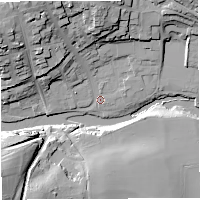 Shaded relief map of the ground around SY81NZ, computed from Environment Agency LiDAR. The ground here sits at about 79 m above sea level and falls 38 m across the surrounding 800 m. Surface water reaching this point runs off ground lying to the north-west, 30.5 m higher.