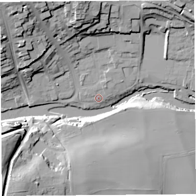 Shaded relief map of the ground around SY81PA, computed from Environment Agency LiDAR. The ground here sits at about 78 m above sea level and falls 35 m across the surrounding 800 m. Surface water reaching this point runs off ground lying to the north, 2.1 m higher.