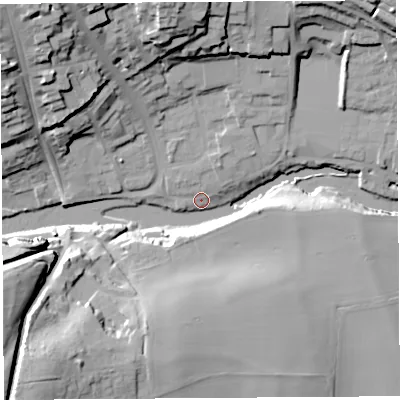 Shaded relief map of the ground around SY81PB, computed from Environment Agency LiDAR. The ground here sits at about 77 m above sea level and falls 34 m across the surrounding 800 m. Surface water reaching this point runs off ground lying to the north-west, 31.6 m higher.