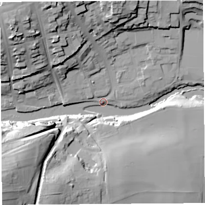 Shaded relief map of the ground around SY81PD, computed from Environment Agency LiDAR. The ground here sits at about 77 m above sea level and falls 42 m across the surrounding 800 m. Surface water reaching this point runs off ground lying to the south-west, 40.5 m higher.