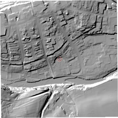 Shaded relief map of the ground around SY81PE, computed from Environment Agency LiDAR. The ground here sits at about 81 m above sea level and falls 46 m across the surrounding 800 m. Surface water reaching this point runs off ground lying to the north-north-west, 16.7 m higher.