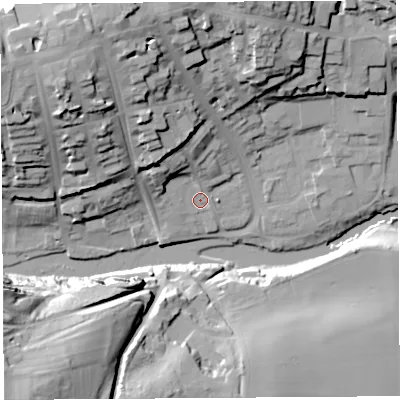 Shaded relief map of the ground around SY81PF, computed from Environment Agency LiDAR. The ground here sits at about 80 m above sea level and falls 43 m across the surrounding 800 m. Surface water reaching this point runs off ground lying to the north-north-west, 17.6 m higher.