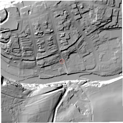 Shaded relief map of the ground around SY81PH, computed from Environment Agency LiDAR. The ground here sits at about 82 m above sea level and falls 55 m across the surrounding 800 m. Surface water reaching this point runs off ground lying to the north-north-west, 27.3 m higher.