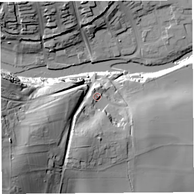 Shaded relief map of the ground around SY81PJ, computed from Environment Agency LiDAR. The ground here sits at about 93 m above sea level and falls 51 m across the surrounding 800 m. Surface water reaching this point runs off ground lying to the south-south-west, 13.8 m higher.