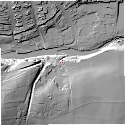 Shaded relief map of the ground around SY81PP, computed from Environment Agency LiDAR. The ground here sits at about 86 m above sea level and falls 45 m across the surrounding 800 m. Surface water reaching this point runs off ground lying to the south-south-west, 23.7 m higher.
