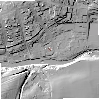 Shaded relief map of the ground around SY81PT, computed from Environment Agency LiDAR. The ground here sits at about 79 m above sea level and falls 42 m across the surrounding 800 m. Surface water reaching this point runs off ground lying to the north-north-west, 9.9 m higher.
