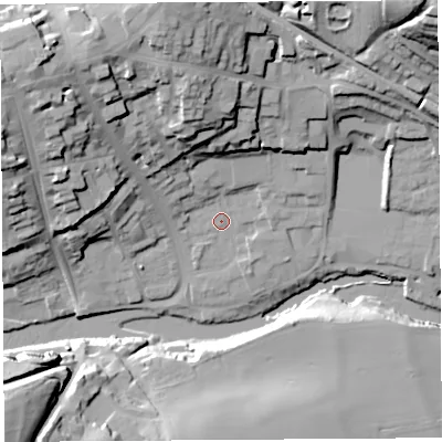 Shaded relief map of the ground around SY81PU, computed from Environment Agency LiDAR. The ground here sits at about 79 m above sea level and falls 45 m across the surrounding 800 m. Surface water reaching this point runs off ground lying to the north-west, 29.9 m higher.