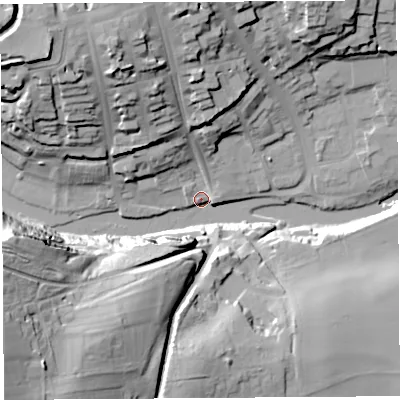 Shaded relief map of the ground around SY81XA, computed from Environment Agency LiDAR. The ground here sits at about 79 m above sea level and falls 53 m across the surrounding 800 m. Surface water reaching this point runs off ground lying to the south-west, 50.5 m higher.