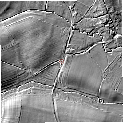 Shaded relief map of the ground around SY82DA, computed from Environment Agency LiDAR. The ground here sits at about 103 m above sea level and falls 12 m across the surrounding 800 m. Surface water reaching this point runs off ground lying to the west-north-west, 5.1 m higher.