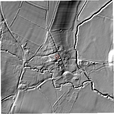 Shaded relief map of the ground around SY82DB, computed from Environment Agency LiDAR. The ground here sits at about 104 m above sea level and falls 13 m across the surrounding 800 m. Surface water reaching this point runs off ground lying to the north, 6.4 m higher.