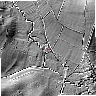 Shaded relief map of the ground around SY82DF, computed from Environment Agency LiDAR. The ground here sits at about 106 m above sea level and falls 16 m across the surrounding 800 m. Surface water reaching this point runs off ground lying to the north, 8.1 m higher.