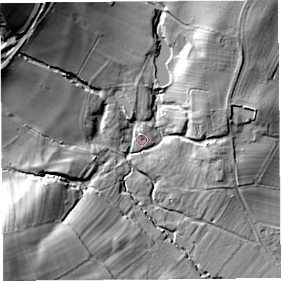 Shaded relief map of the ground around SY82DG, computed from Environment Agency LiDAR. The ground here sits at about 117 m above sea level and falls 40 m across the surrounding 800 m. Surface water reaching this point runs off ground lying to the north-west, 24.5 m higher.