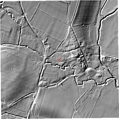 Shaded relief map of the ground around SY82DN, computed from Environment Agency LiDAR. The ground here sits at about 102 m above sea level and falls 12 m across the surrounding 800 m. Surface water reaching this point runs off ground lying to the north, 7.1 m higher.