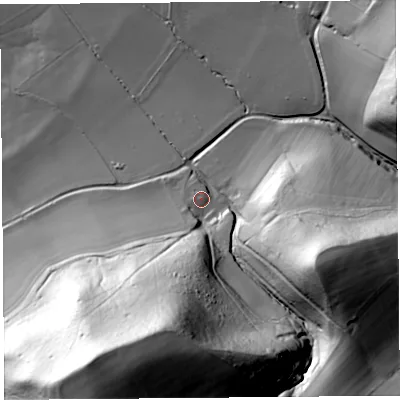 Shaded relief map of the ground around SY82HJ, computed from Environment Agency LiDAR. The ground here sits at about 150 m above sea level and falls 113 m across the surrounding 800 m. Surface water reaching this point runs off ground lying to the south-south-west, 67.4 m higher.