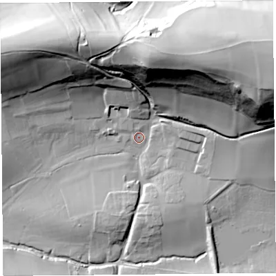 Shaded relief map of the ground around SY82HT, computed from Environment Agency LiDAR. The ground here sits at about 119 m above sea level and falls 83 m across the surrounding 800 m. Surface water reaching this point runs off ground lying to the east-north-east, 75.6 m higher.