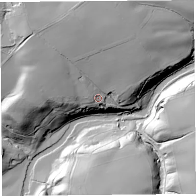 Shaded relief map of the ground around SY82HY, computed from Environment Agency LiDAR. The ground here sits at about 120 m above sea level and falls 54 m across the surrounding 800 m. Surface water reaching this point runs off ground lying to the north-west, 10.4 m higher.