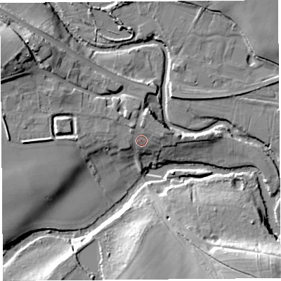 Shaded relief map of the ground around SY82JP, computed from Environment Agency LiDAR. The ground here sits at about 92 m above sea level and falls 23 m across the surrounding 800 m. Surface water reaching this point runs off ground lying to the north-north-west, 2.2 m higher.