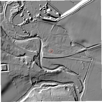 Shaded relief map of the ground around SY82JR, computed from Environment Agency LiDAR. The ground here sits at about 89 m above sea level and falls 15 m across the surrounding 800 m. Surface water reaching this point runs off ground lying to the south-south-west, 1.9 m higher.