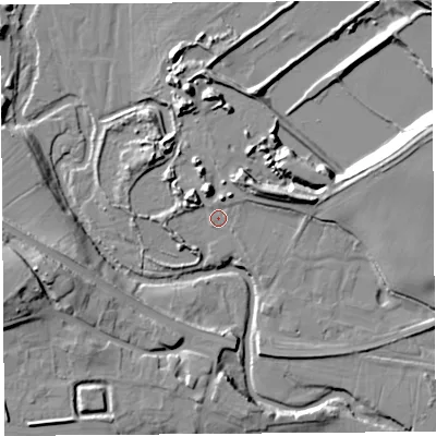 Shaded relief map of the ground around SY82JS, computed from Environment Agency LiDAR. The ground here sits at about 89 m above sea level and falls 20 m across the surrounding 800 m. Surface water reaching this point runs off ground lying to the north-north-east, 3.3 m higher.