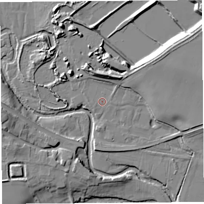 Shaded relief map of the ground around SY82JT, computed from Environment Agency LiDAR. The ground here sits at about 89 m above sea level and falls 17 m across the surrounding 800 m. Surface water reaching this point runs off ground lying to the north-north-east, 7.4 m higher.