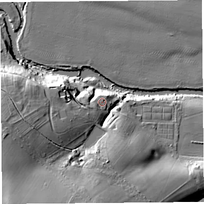 Shaded relief map of the ground around SY82JW, computed from Environment Agency LiDAR. The ground here sits at about 96 m above sea level and falls 28 m across the surrounding 800 m. Surface water reaching this point runs off ground lying to the west-south-west, 7.0 m higher.