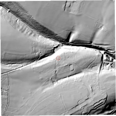 Shaded relief map of the ground around SY82LF, computed from Environment Agency LiDAR. The ground here sits at about 145 m above sea level and falls 77 m across the surrounding 800 m. Surface water reaching this point runs off ground lying to the south-west, 3.9 m higher.