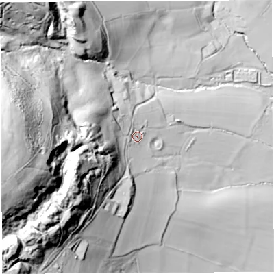 Shaded relief map of the ground around SY83AN, computed from Environment Agency LiDAR. The ground here sits at about 198 m above sea level and falls 128 m across the surrounding 800 m. Surface water reaching this point runs off ground lying to the west, 94.5 m higher.