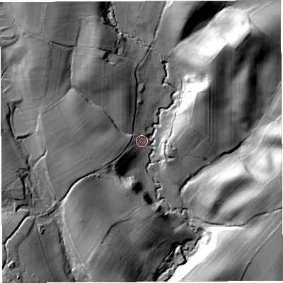 Shaded relief map of the ground around SY83AU, computed from Environment Agency LiDAR. The ground here sits at about 126 m above sea level and falls 51 m across the surrounding 800 m. Surface water reaching this point runs off ground lying to the north-west, 26.5 m higher.
