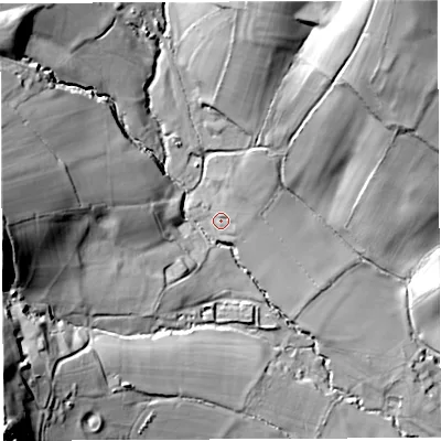 Shaded relief map of the ground around SY83AW, computed from Environment Agency LiDAR. The ground here sits at about 177 m above sea level and falls 81 m across the surrounding 800 m. Surface water reaching this point runs off ground lying to the north, 5.9 m higher.