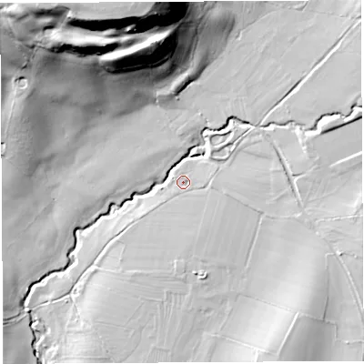 Shaded relief map of the ground around SY83BT, computed from Environment Agency LiDAR. The ground here sits at about 98 m above sea level and falls 56 m across the surrounding 800 m. Surface water reaching this point runs off ground lying to the east, 5.7 m higher.
