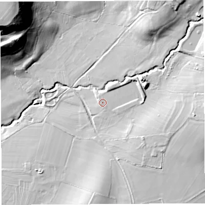 Shaded relief map of the ground around SY83DA, computed from Environment Agency LiDAR. The ground here sits at about 106 m above sea level and falls 48 m across the surrounding 800 m. Surface water reaching this point runs off ground lying to the north-east, 4.6 m higher.