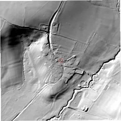 Shaded relief map of the ground around SY83DB, computed from Environment Agency LiDAR. The ground here sits at about 126 m above sea level and falls 53 m across the surrounding 800 m. Surface water reaching this point runs off ground lying to the north, 30.7 m higher.