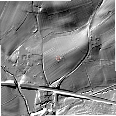 Shaded relief map of the ground around SY83DP, computed from Environment Agency LiDAR. The ground here sits at about 99 m above sea level and falls 32 m across the surrounding 800 m. Surface water reaching this point runs off ground lying to the east-north-east, 2.1 m higher.